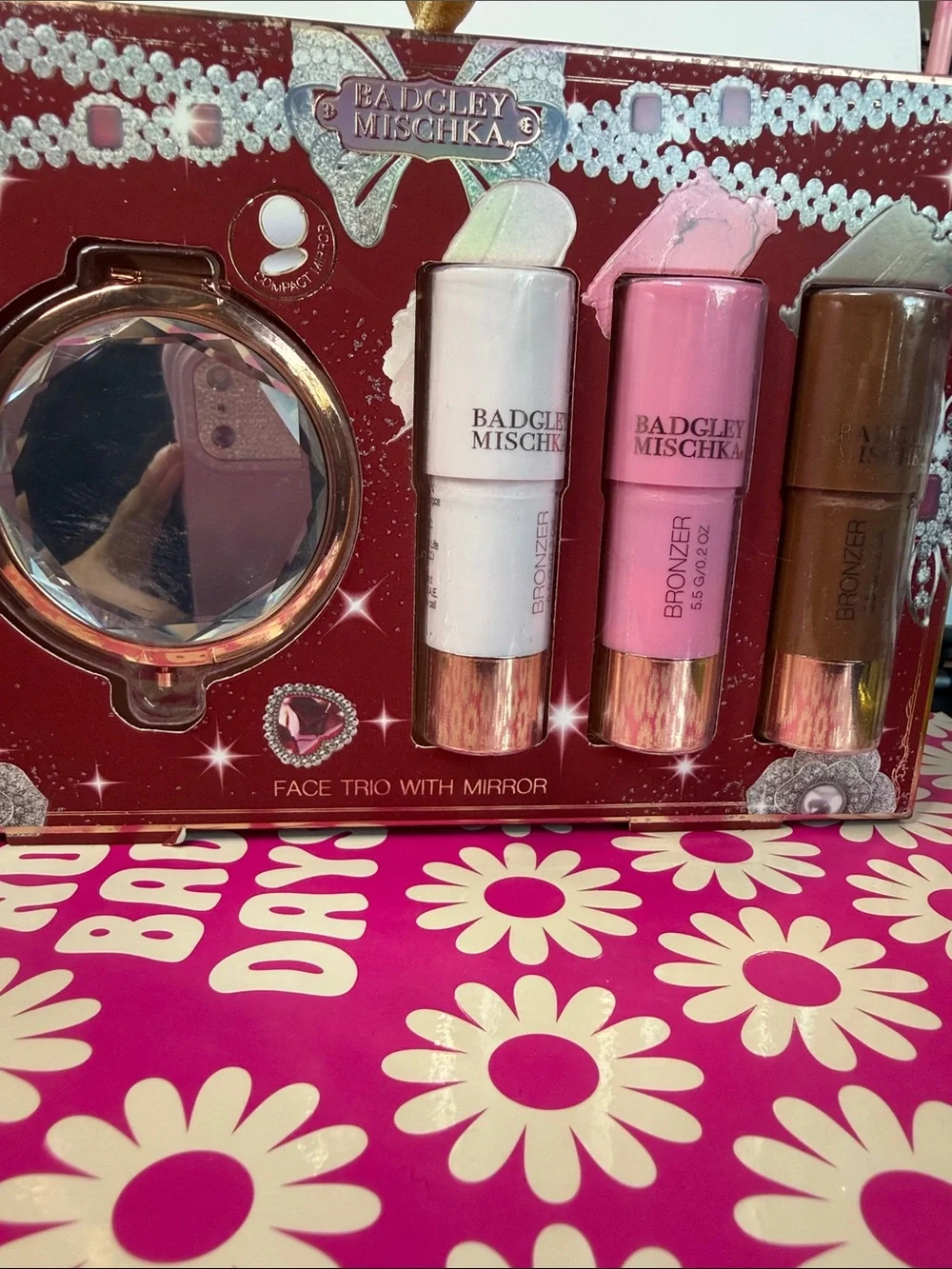 Badgley Mischka Pink and Brown Face Trio with Mirror